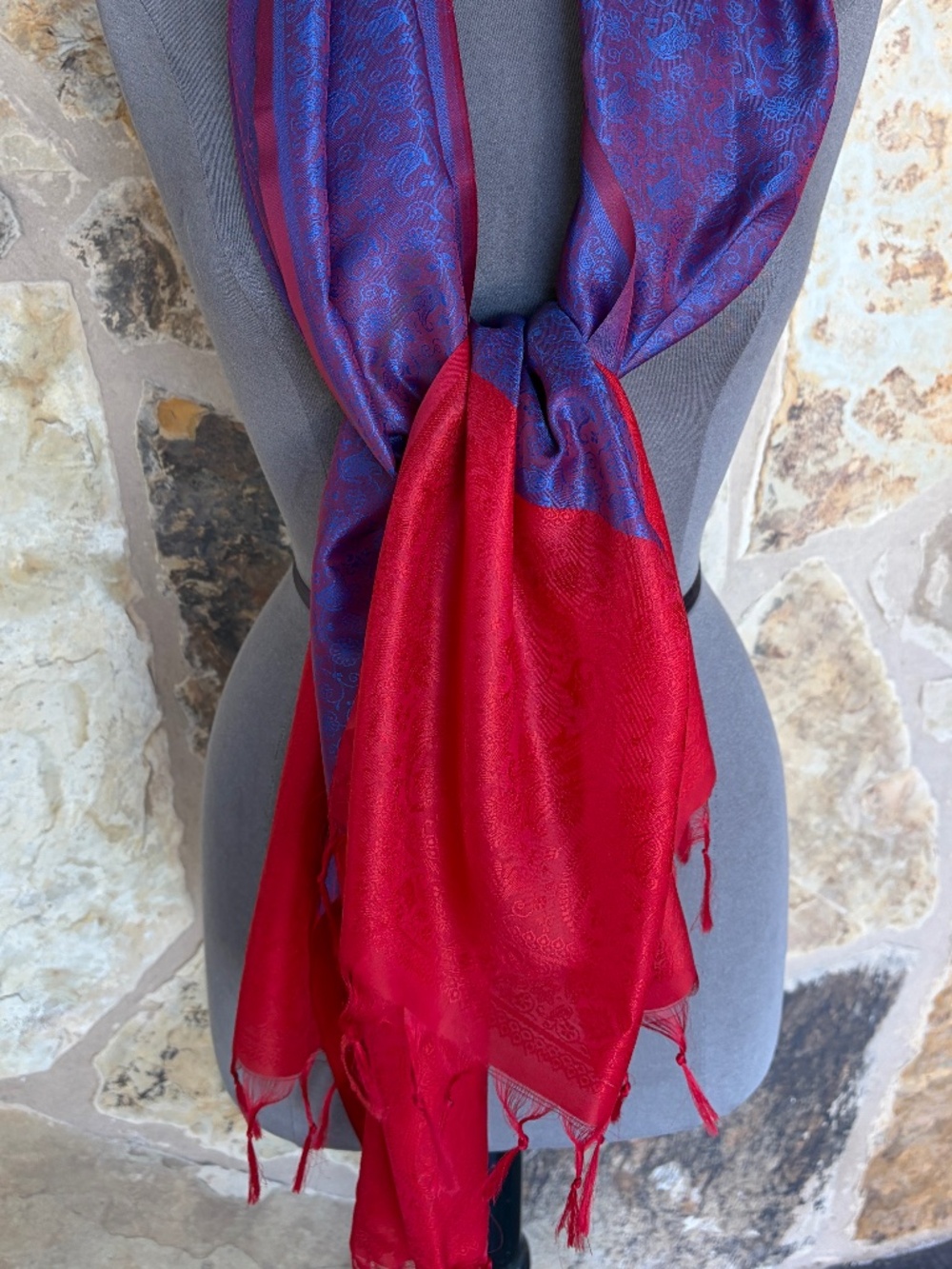 Luxury Red Blue Damask Brocade Silk Scarf Wrap Fringe Ornate Vintage